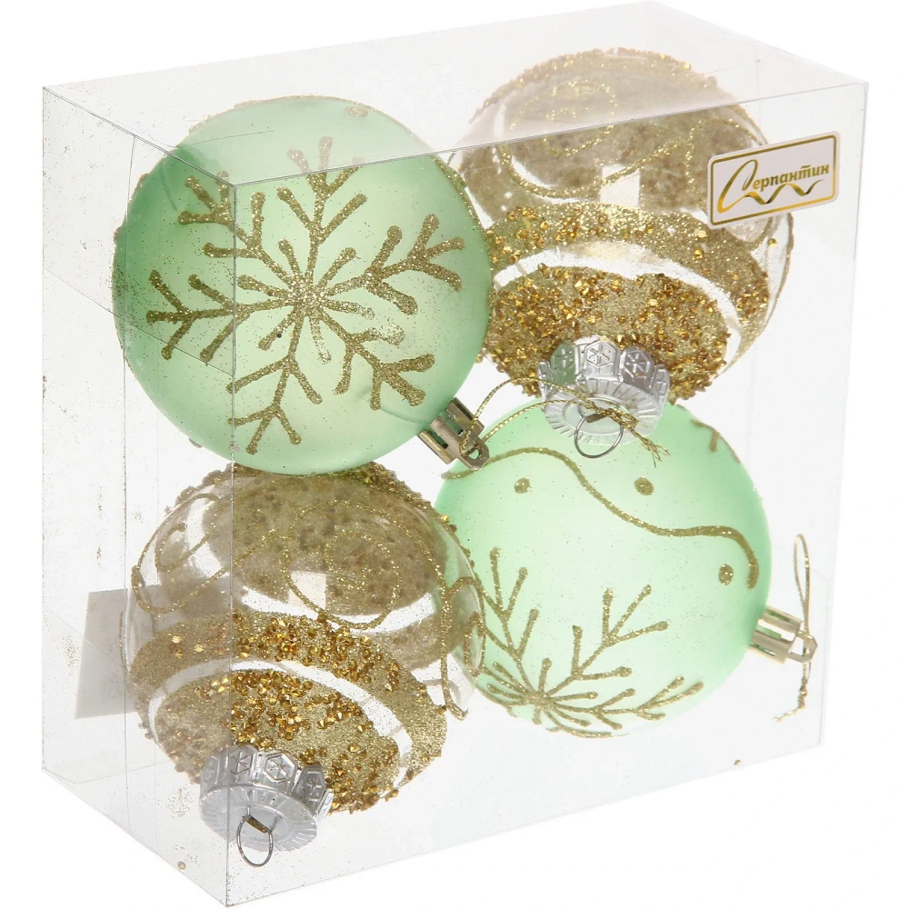 Набор шаров «Морозная вуаль» 8 см (в наборе 4 шт), Нежно-зеленый, золото