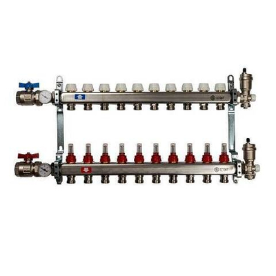 Коллекторная группа для теплого пола STOUT SMS0907 - 1" на 9 контура 3/4"EK (нержавеющая сталь)