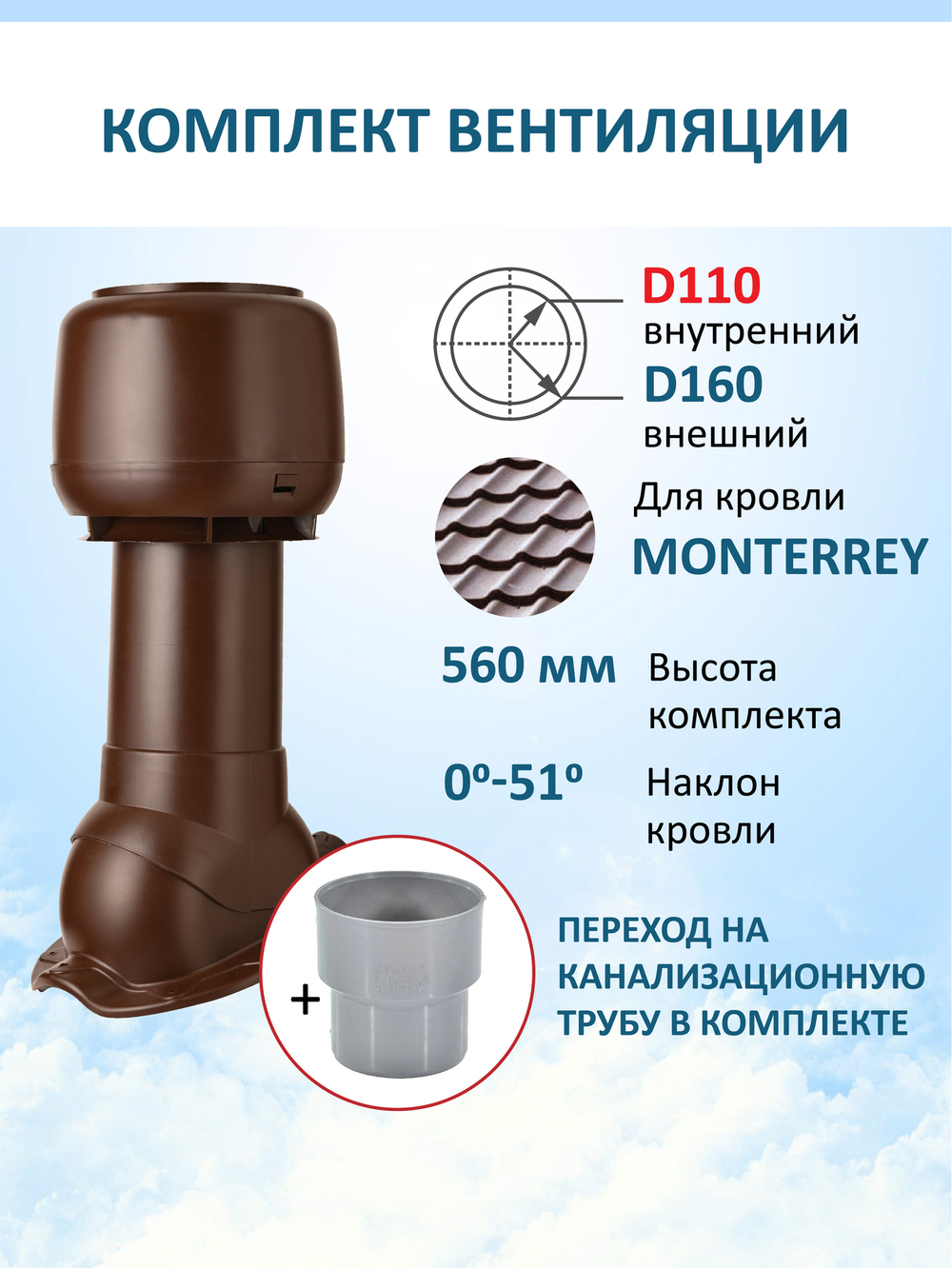Комплект вентиляции: Вентиляционный выход изолированный D125/160 утепленный высота H=500 мм,проходной элемент для металлочерепицы Monterrey, колпак вентиляционный D160 мм, переход на канализационную трубу D110 с вентиляционного выхода 125/160 без уплотнения, коричневый