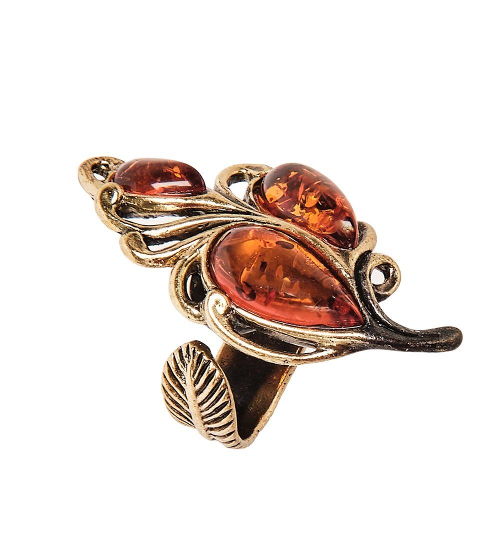 AM-2430 Кольцо «Винтажный лист» (латунь, янтарь)