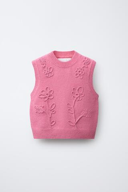ZARA ТРИКОТАЖНЫЙ ЖИЛЕТ С ЦВЕТАМИ, ЯРКО-РОЗОВЫЙ