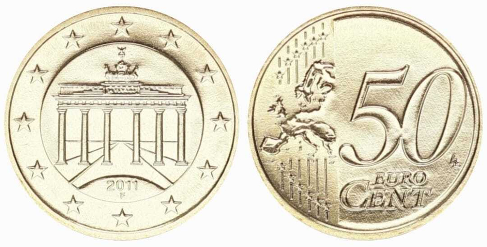 Германия 50 евроцентов, 2007 - 2025 Бранденбургские ворота XF