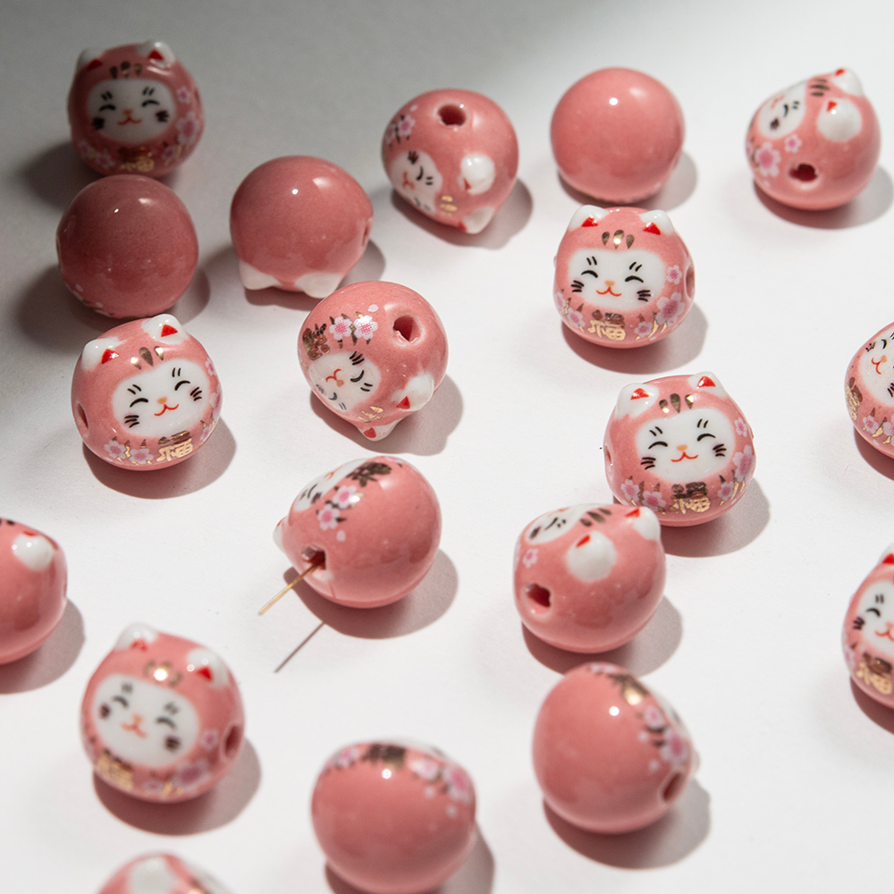 Бусина "Манэки-Нэко", 14,5мм, розовая, глазурированный фарфор