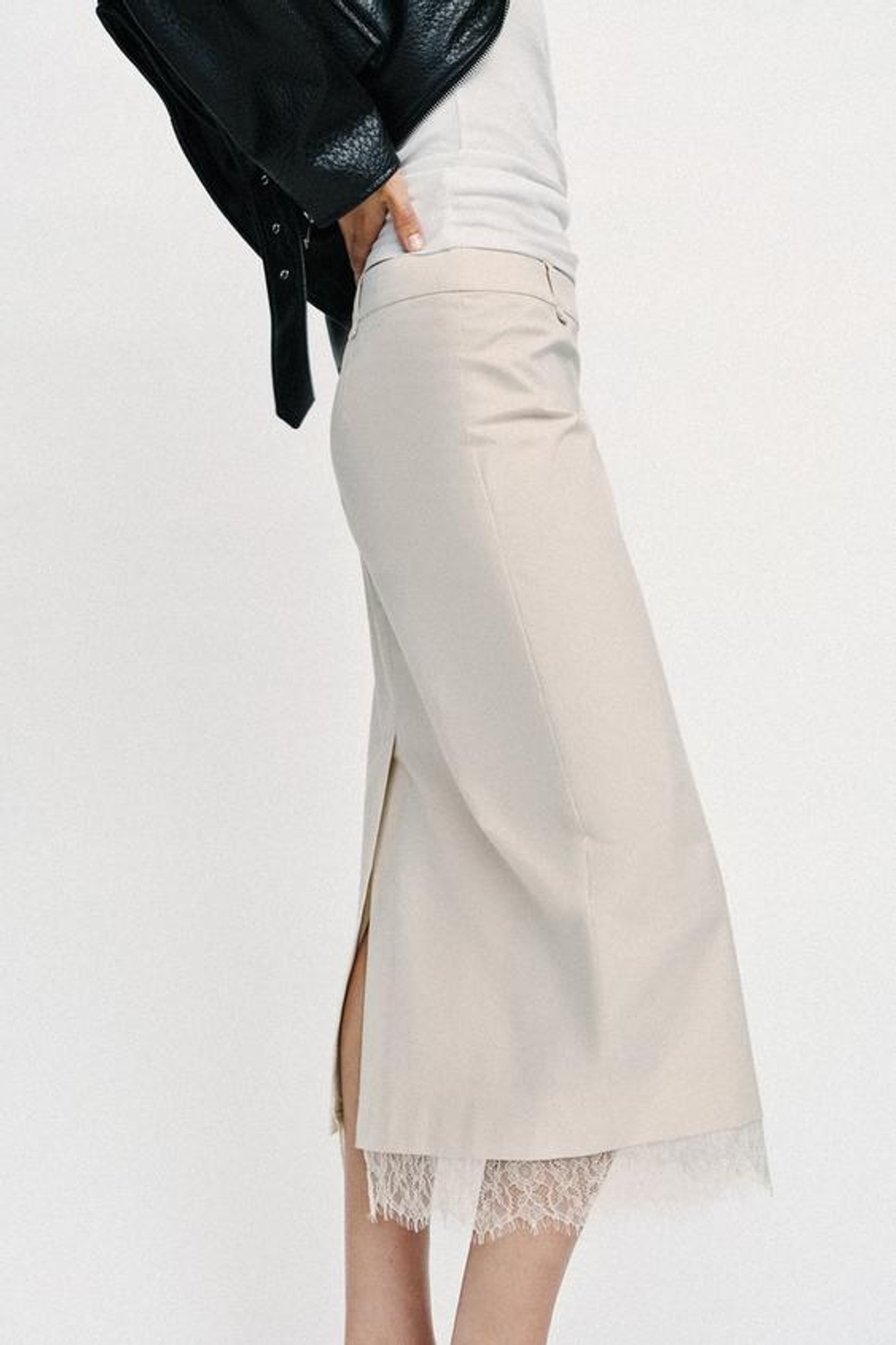 ZARA ЮБКА МИДИ С КРУЖЕВОМ, КОСТЯНОЙ