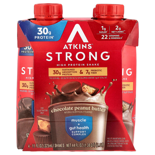 Atkins, Strong, высокопротеиновый коктейль, шоколадно-арахисовая паста, 4 коктейля, 325 мл (11 жидк. унц.)