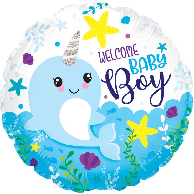 Шар круг 18" Нарвал Baby Boy Narwhal Foil Balloon Welcome baby boy (БГ-15)