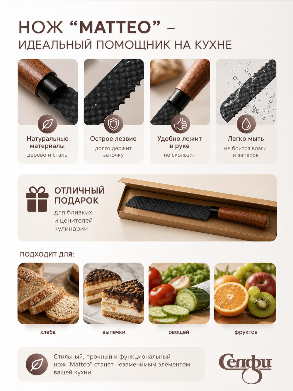 Нож кухонный «МАТТЕО» хлебный 19,5см