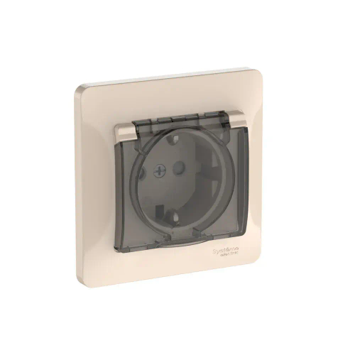 Glossa Розетка с зазем. со шт. с прозрач. крышкой, 16А, IP44, в сборе, быстрозажим. клем., Бежевый