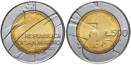 Сан-Марино 500 лир, 1990 Шестнадцать веков истории UNC