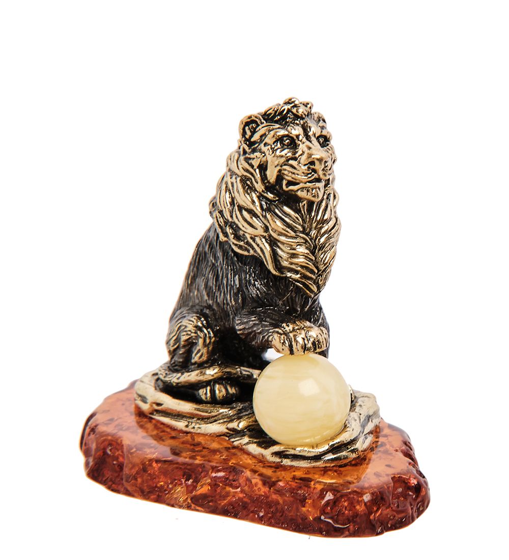 Народные промыслы AM-3102 Фигурка «Лев с шаром» (латунь, янтарь)