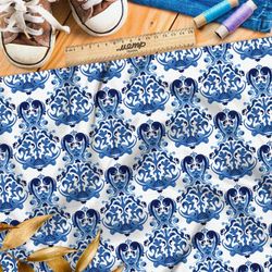 Ткань оксфорд 210 отзеркаленные элементы гжели на белом фоне