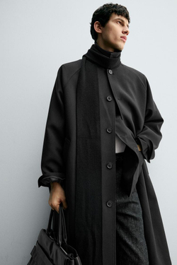 ZARA ТРЕНЧ ОВЕРСАЙЗ С ШЕРСТЬЮ, ЧЕРНЫЙ