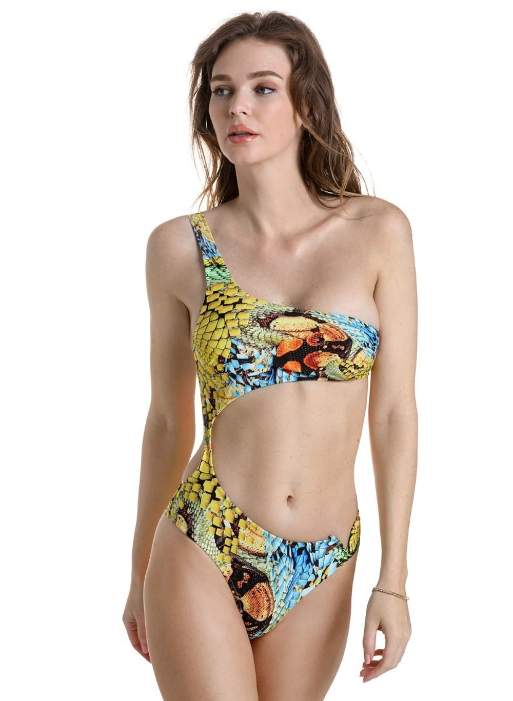 Совместный купальник-монокини со змеиным принтом (Размер: B/L) (Цвет: желтый)