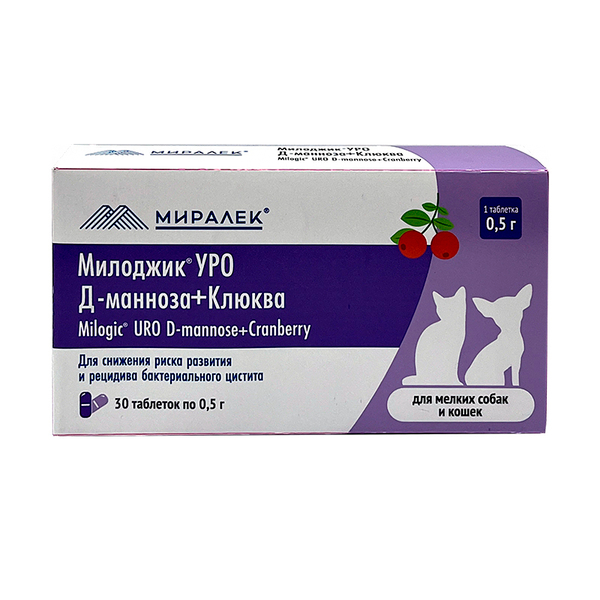 Милоджик УРО Д-манноза +Клюква 0,5г (1т.на 5 кг) 30 таб. от цистита для собак и кошек