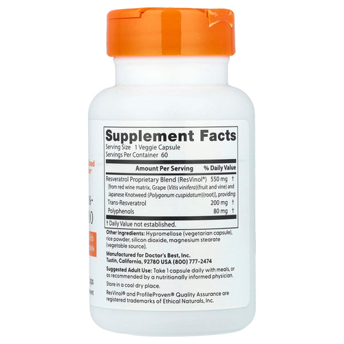 Doctor's Best, транс-ресвератрол 200 с Resvinol, 200 мг, 60 вегетарианских капсул