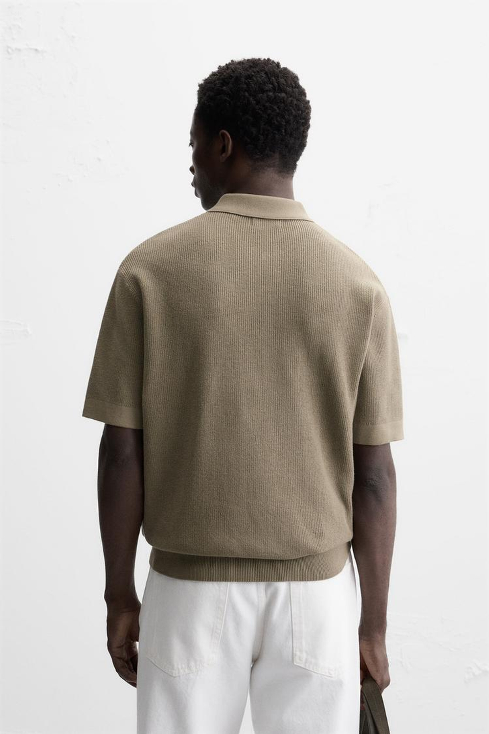 ZARA ПОЛО ПЛАТОЧНОЙ ВЯЗКИ С МОЛНИЕЙ, СВЕТЛЫЙ ХАКИ