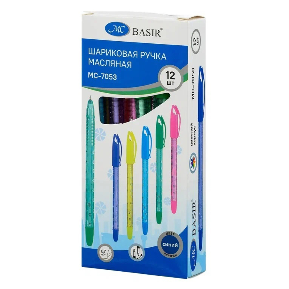 Ручка шариковая, масляная, Basir, синие чернила, прозрачный корпус, 12 шт