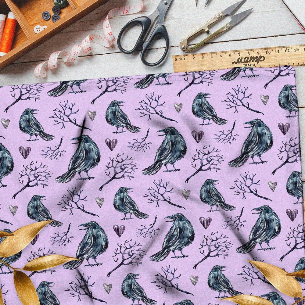 Ткань габардин птица сорока с деревом