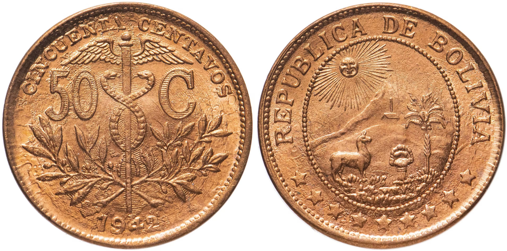 Боливия 50 сентаво, 1942 Герб UNC