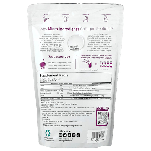 Micro Ingredients, пептиды коллагена нескольких типов, без вкусовых добавок, 454 г (1 фунт)