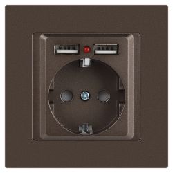 Розетка Intro Accent 6-410-08 , P+E Schuko со шторками, 16А-250В + 2хUSB, IP20, СУ, бронза | Intro