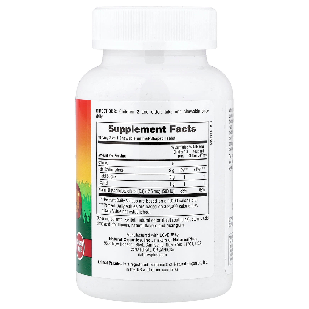 NaturesPlus, Animal Parade®, витамин D3, со вкусом черешни, 12,5 мкг (500 МЕ), 90 таблеток в форме животных