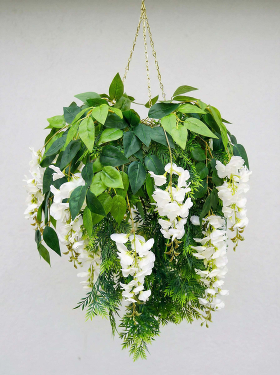 Акация белая 7 цветков в подвесном белом кашпо на цепочке