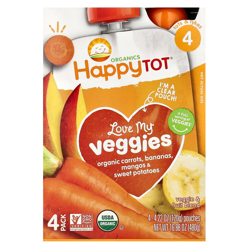 Happy Family Organics, Happy Tot, Love My Veggies, этап 4, органическая морковь, бананы, манго и батат, 4 пакетика по 120 г (4,22 унции)