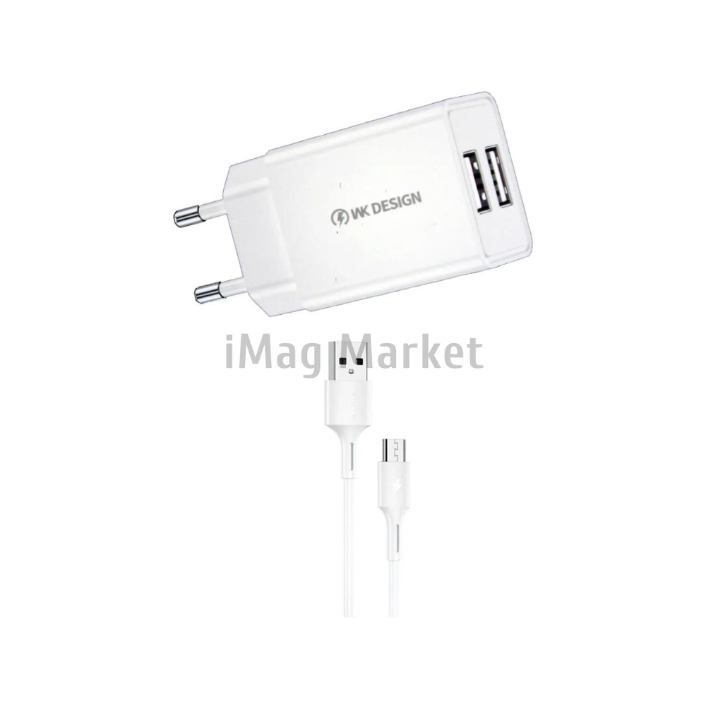 Сетевое зарядное устройство WK Kingkong WP-U119m, 2 USB-A, 10W, 2A + кабель micro-USB, 1 м, белый