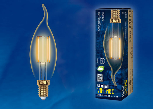 LED-CW35-5W/GOLDEN/E14 GLV21GO Лампа светодиодная Vintage. Форма «свеча на ветру», золотистая колба. Картон. ТМ Uniel