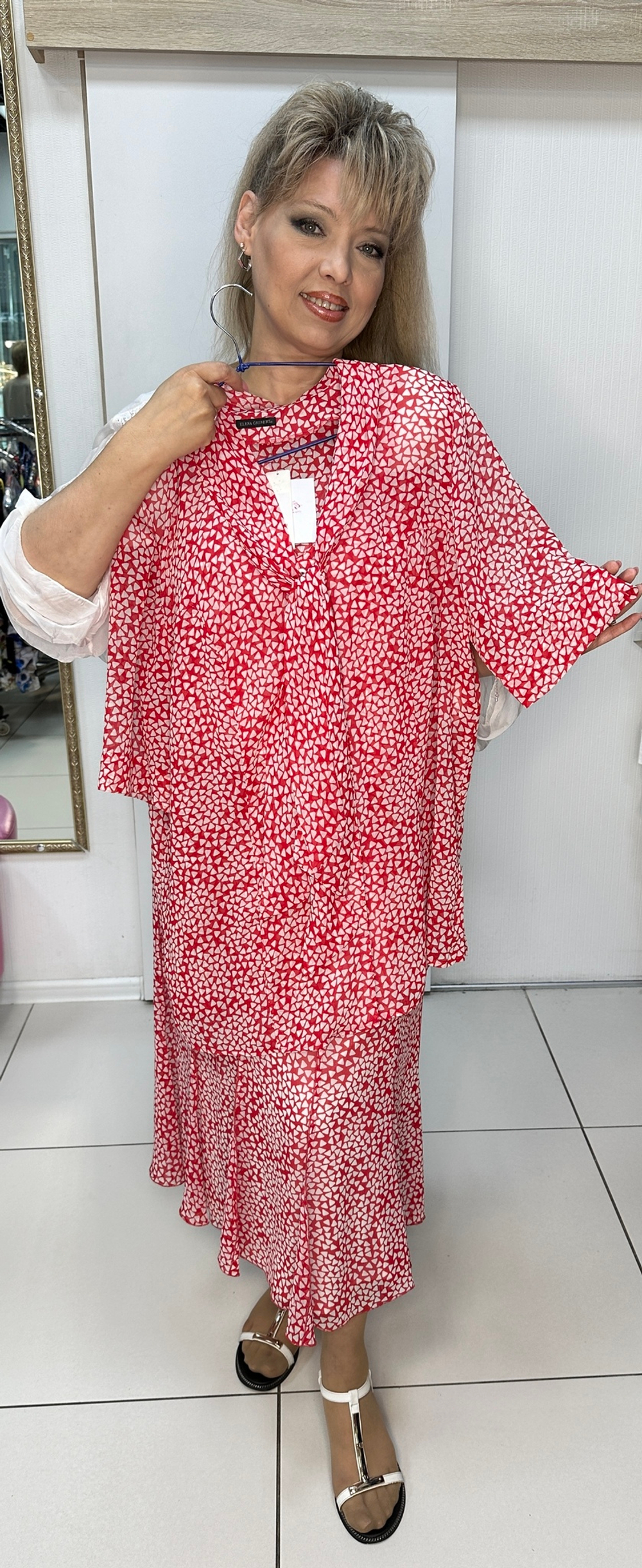 Красно-белый блузон летний с "галстуком"-бантом