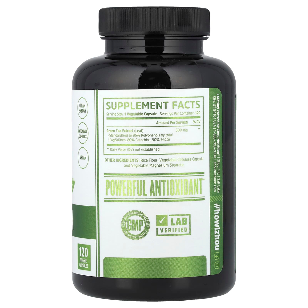 Zhou Nutrition, экстракт зелёного чая, 500 мг, 120 растительных капсул