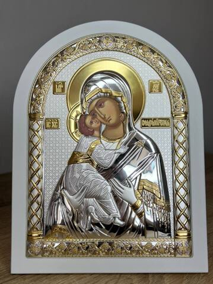 Владимирская БМ, икона арочная, белое дерево 150х200