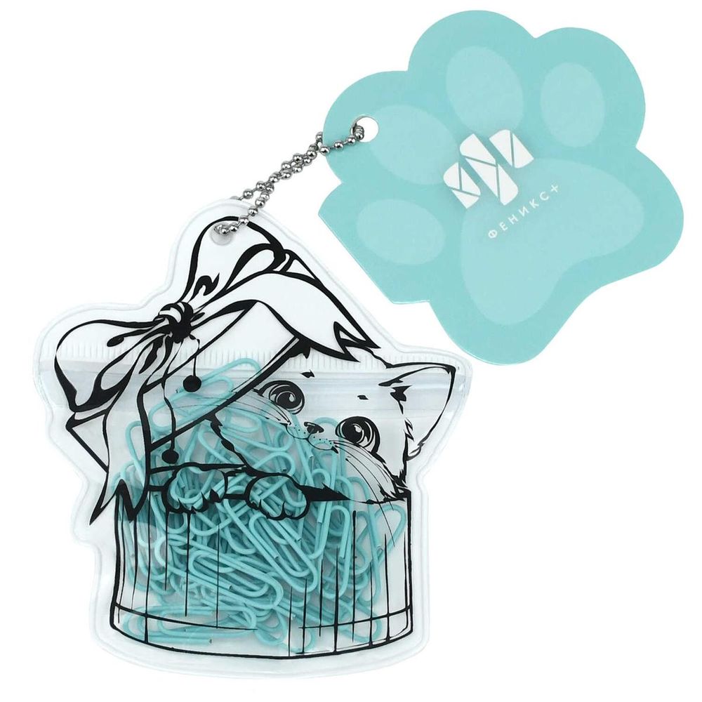 Скрепки канцелярские 40шт. 28мм. "Котенок в коробке" металл, ПВХ, мятный (Феникс+)