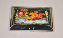 Визитница металлическая персональная "Русская зима" (роспись Палех) худ. Марова