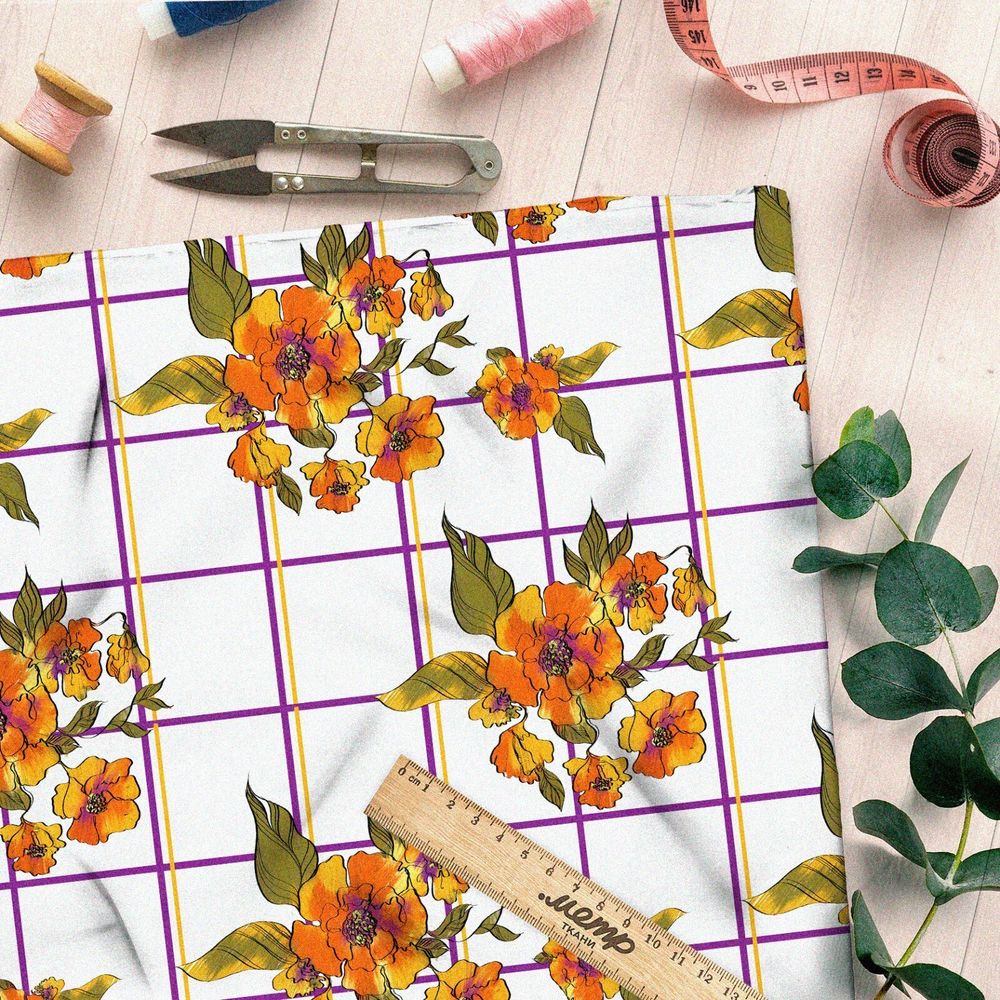 Ткань флис цветы на клетке