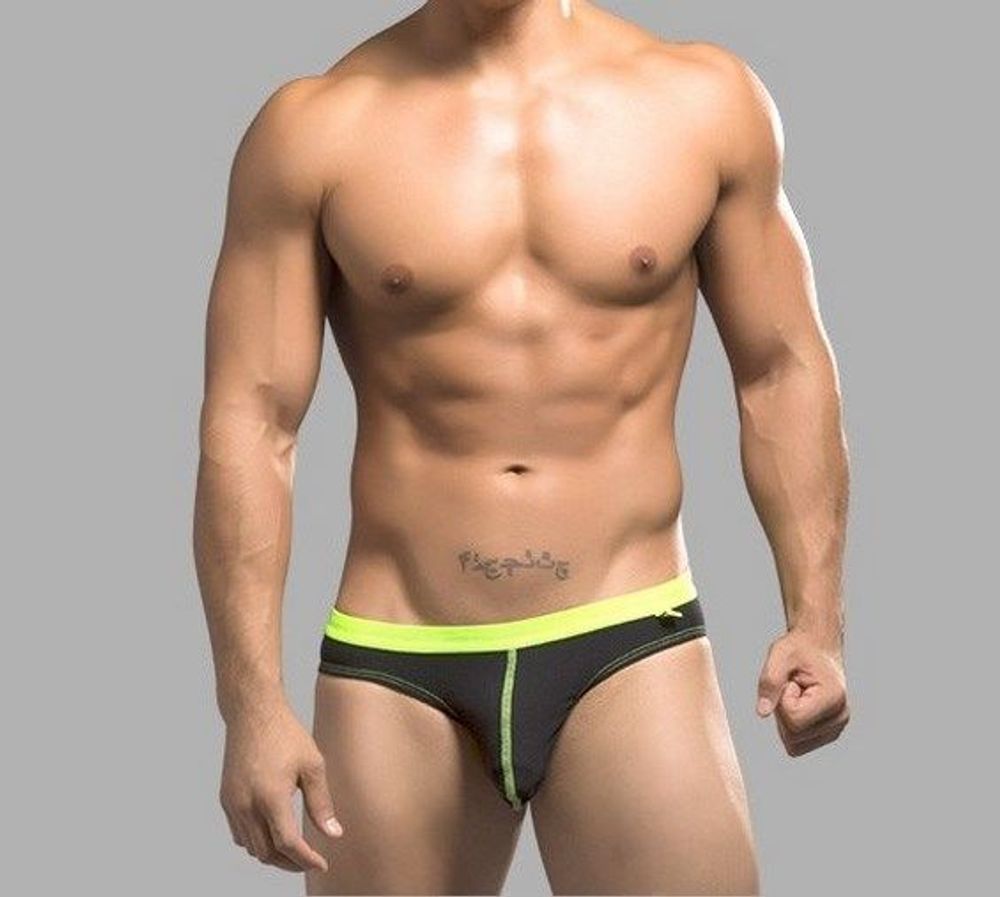 Мужские трусы брифы черные с тонкой зеленой резинкой Andrew Christian  AC9786