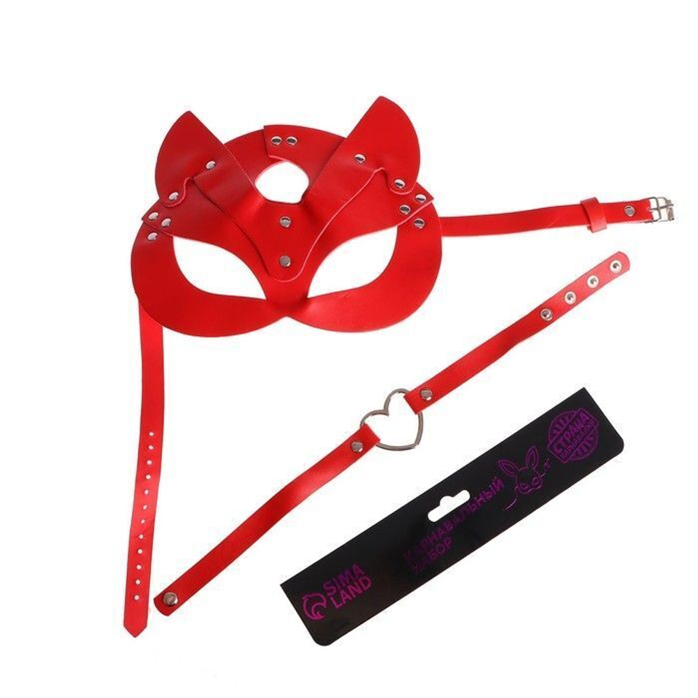 Эротический набор «Поиграй со мной»: маска и чокер (Цвет: красный)