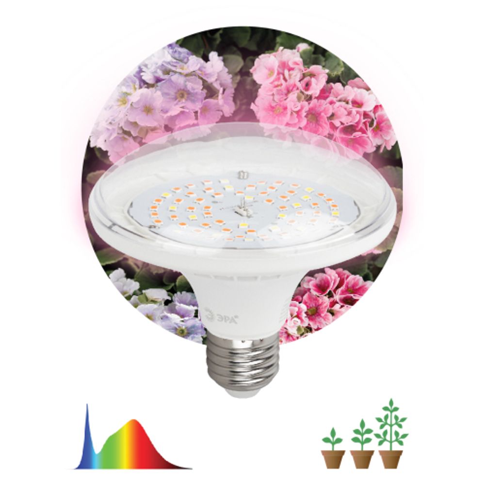 Фитолампа для растений светодиодная ЭРА FITO-18W-Ra90-E27 полного спектра 18 Вт Е27 | Фитолампы Е27