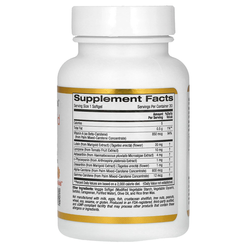 California Gold Nutrition, AstaCarotenoid, комплекс с лютеином, ликопином, астаксантином и витамином A, 30 вегетарианских капсул