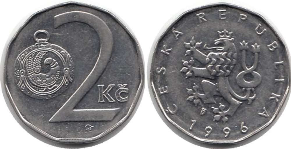 Монета 2 чешских кроны 1996 г.