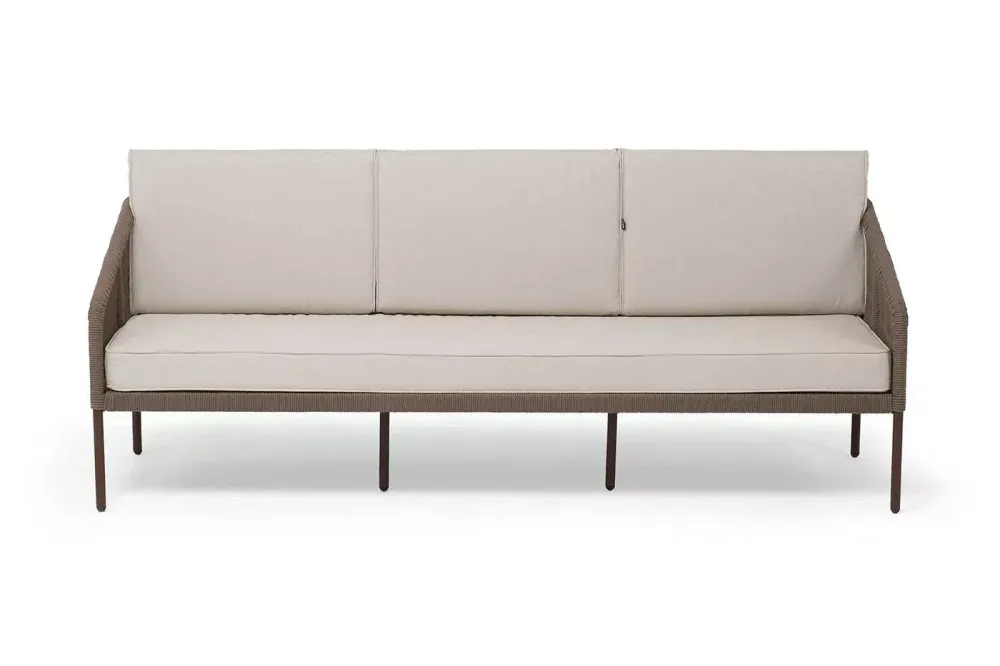 "Канны" диван 3-местный плетеный из роупа, каркас алюминий коричневый (RAL8016) муар, роуп коричневый круглый, ткань бежевая 035