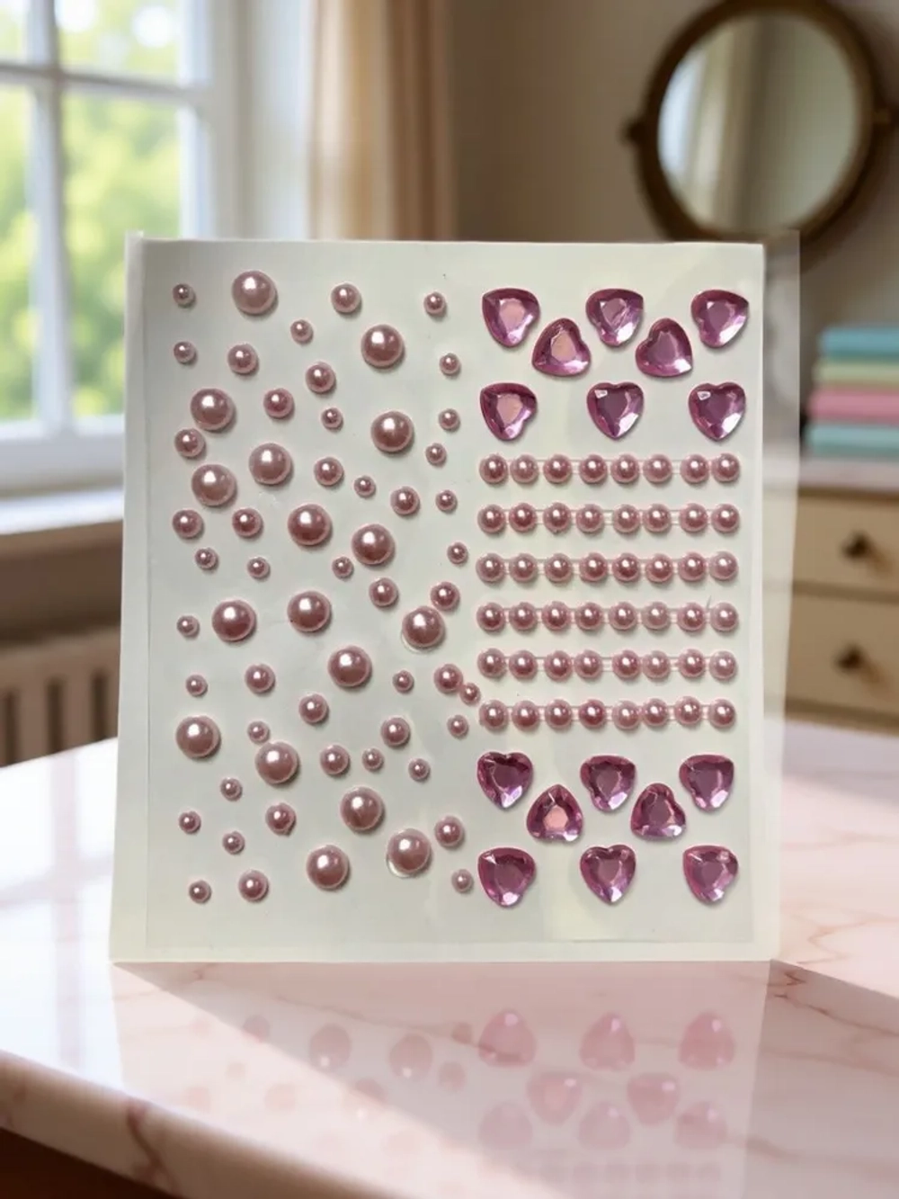 Стразы самоклеющиеся для лица и тела сердечки и кружочки Розовые
