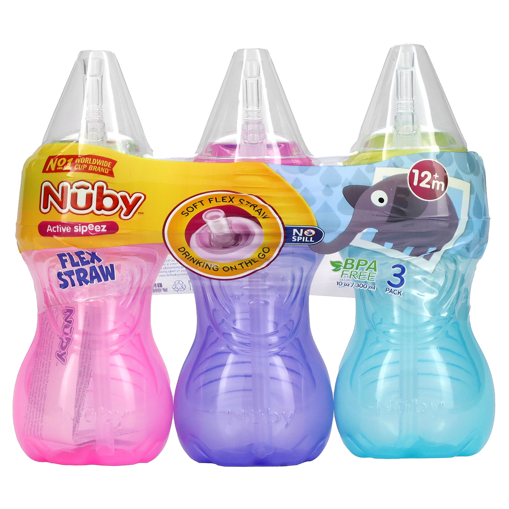 Nuby, Clik-it FlexStraw Cup, для детей от 12 месяцев, для девочек, 3 упаковки по 300 мл (10 унций)
