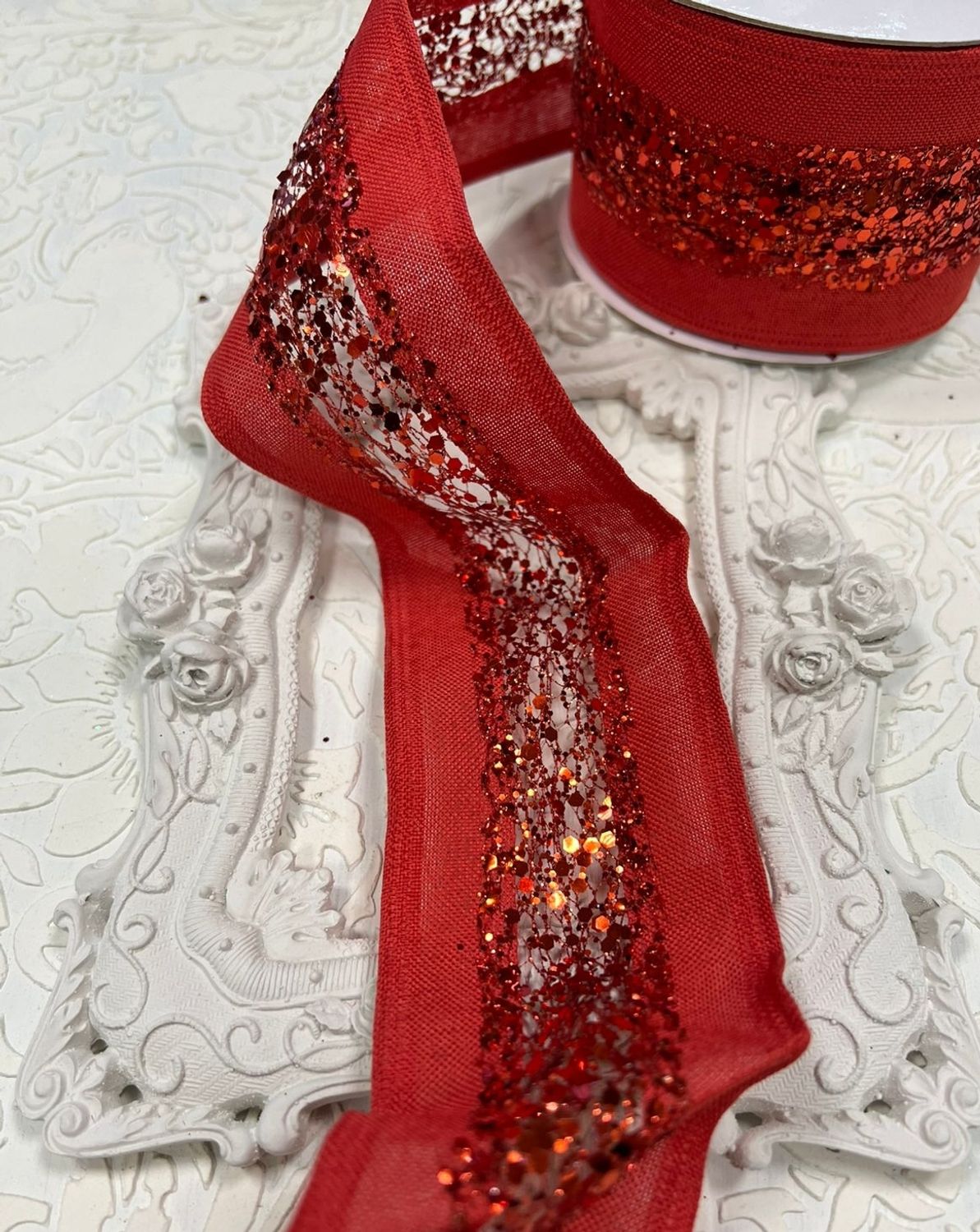 Лента с пайетками и с проволкой 6,5см цвет красный (1м)