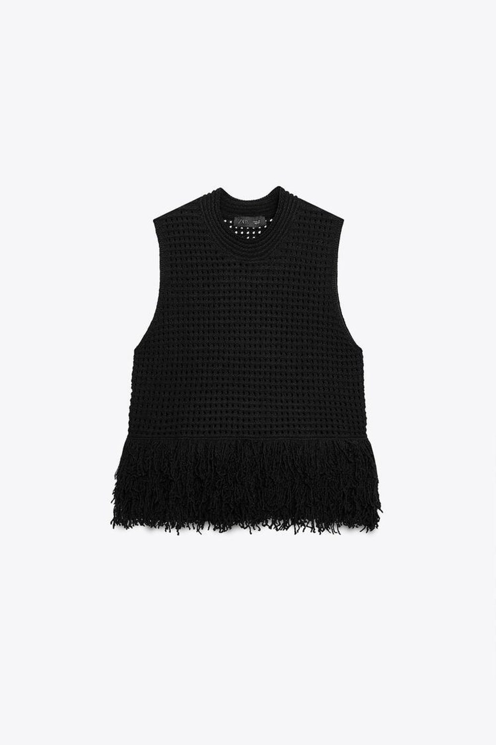 ZARA ТРИКОТАЖНЫЙ ТОП В КЛЕТКУ С БАХРОМОЙ, ЧЕРНЫЙ