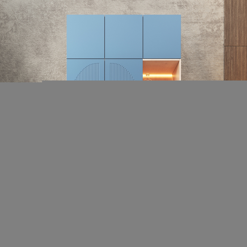 Шкаф Агератум МДФ двухсекционный с антресолью и стеллажом в синей эмали - Дуб молочный 8622  190*50*220