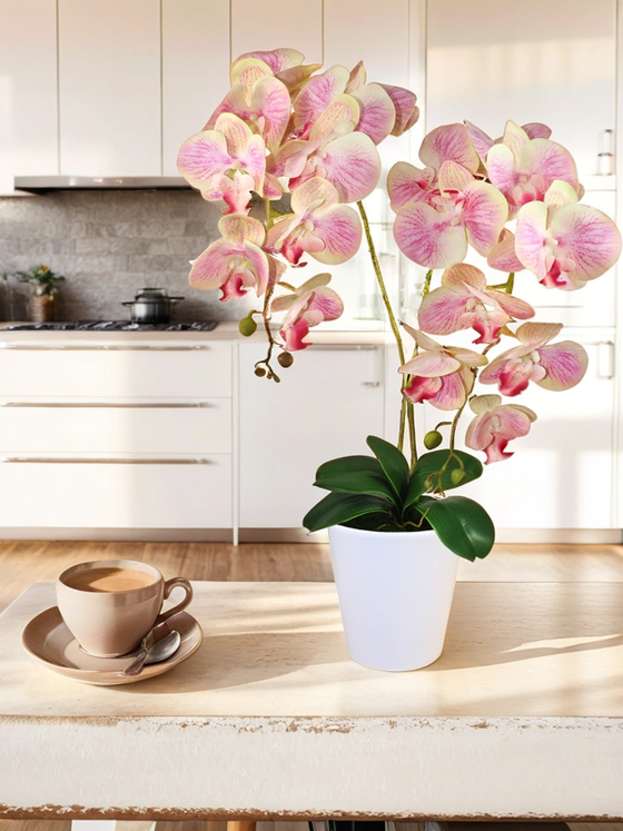 Искусственная Орхидея бежево-лиловая 2 ветки 55 см в кашпо