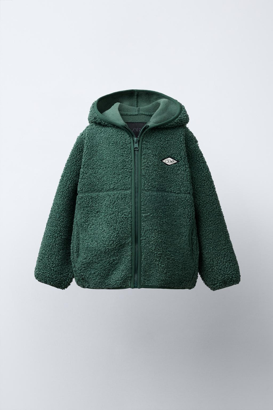 ZARA КУРТКА ИЗ ИСКУССТВЕННОЙ ОВЧИНЫ С КАПЮШОНОМ, ЗЕЛЕНЫЙ
