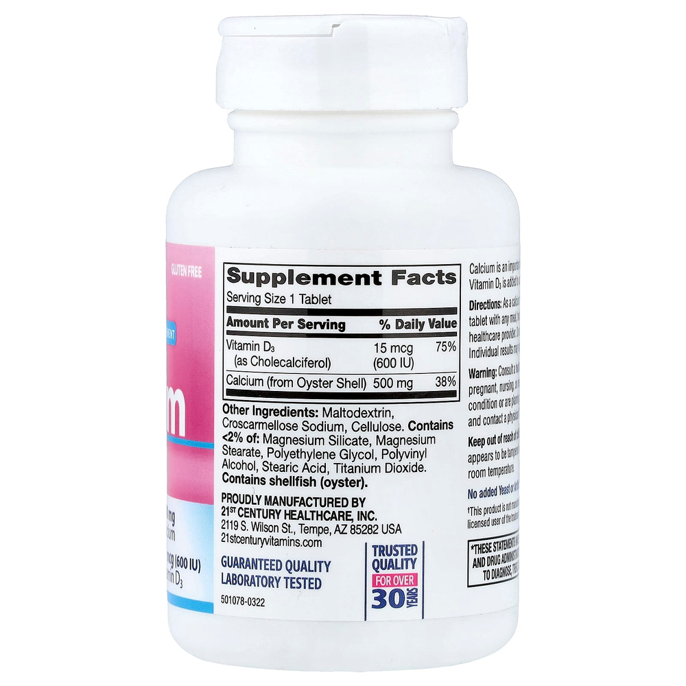 21st Century, кальций 500 и витамин D3, 15 мкг (600 МЕ), 90 таблеток